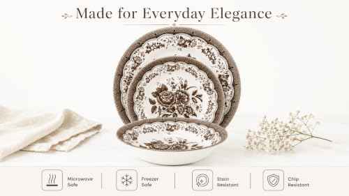 Tudor England 12-Piece Porcelain Dinnerware Set for 4, Victoria Brown