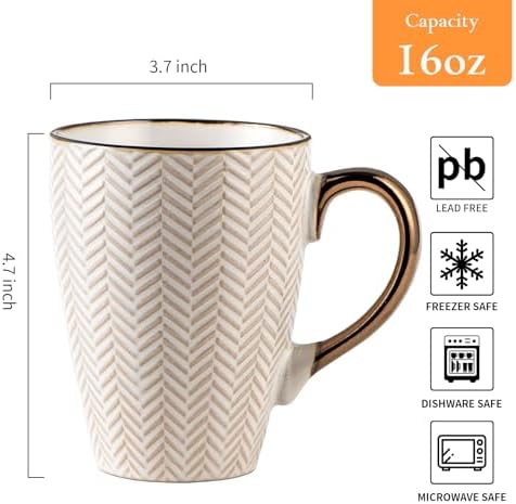 Ceramic Coffee Mug Set - 16 Oz Large Coffee Mugs - Embossed Stoneware