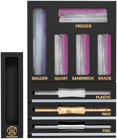 DALSHABET 9 IN1 Bamboo Storage Bag Drawer Organizer with Cutter, Foil and Plastic Wrap Dispenser for Kitchen Storage Compatible with All Brands Gallon, Quart, Sandwich & Snack Size Bags - Black
