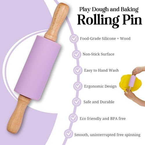 Small Rolling Pin for Kids, Non-Stick Silicone Surface with Wooden