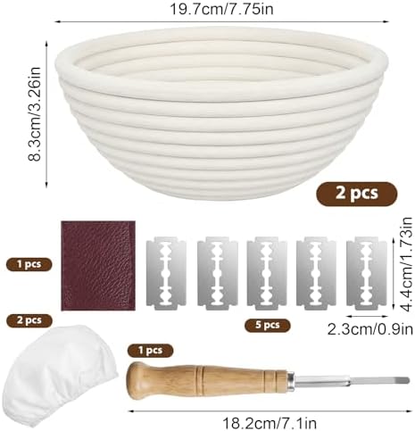 2 Pack Banneton Bread Proofing Basket Set 7.75x3.26 Inch Round Rattan
