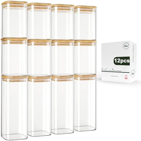 LIBWYS 12-Pack Square Glass Storage Jars with Bamboo Lids
