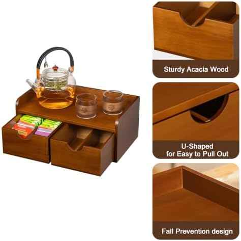 Acacia Wood Tea Bag Organizer with Drawer,Tea Organizers and Storage