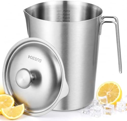 Stainless Steel Pitcher with Lid, 70 oz/2 L Metal Measuring Cup