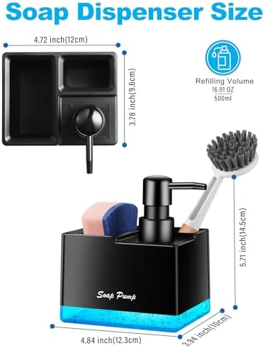Dish Soap Dispenser with Sponge Holder, 3-in-1, Black