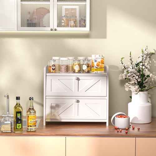 Bread Box for Kitchen Countertop, Double Layer Wooden Breadbox, Large Capacity Bread Storage Bin, Homemade Bread Storage Container, Farmhouse Breadbox Organizer, White