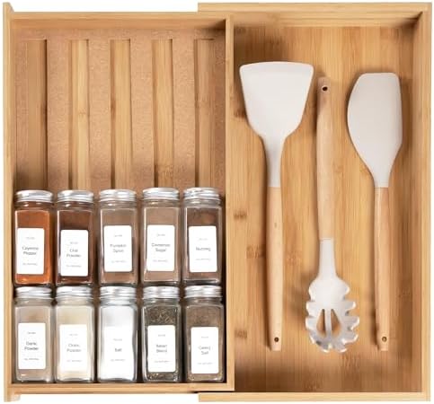 KitchenEdge Expandable Spice Drawer Organizer | Natural Bamboo