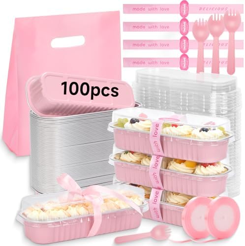 6.8oz Mini Loaf Pans with Lids, 100 Pcs Disposable Rectangular