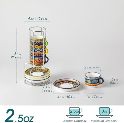 vancasso 2.5 Oz Bohemian Espresso Cups Set of 4 with Stand