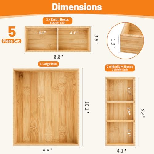 Bamboo Drawer Organizer, 5-Piece Stackable Trays with Removable