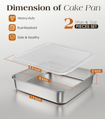 8 x 8-Inch Baking Pan with lid, 304 Stainless Steel Square Cake Pan
