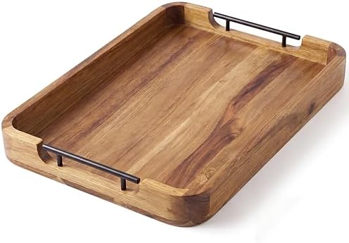 ZUJJAFY Serving Tray with Metal Handles, 17 x 13 in Acacia Wood Tray