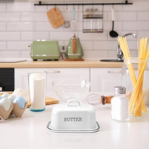 Enamel Butter Dish with Lid for Countertop, Vintage White Large Butter
