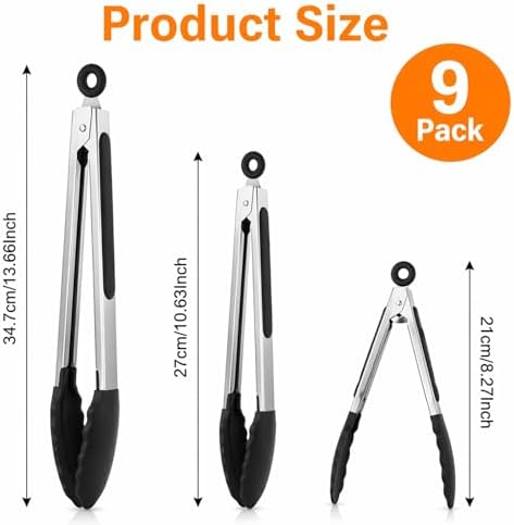 9 Piece Kitchen Tongs with Silicone Tips, 7, 9, 12 Inch