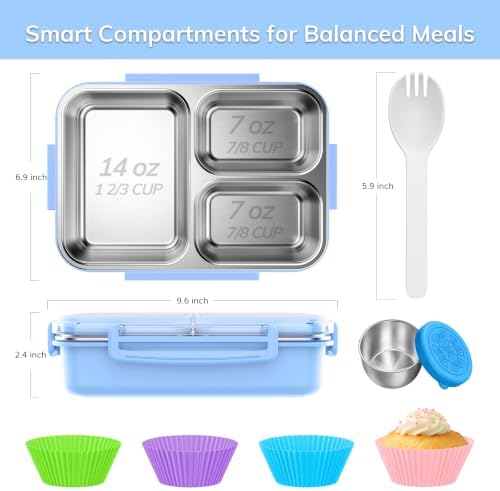 KHOXU Stainless Steel Lunch Box for Kids, Bento Box Adults, 28oz Blue