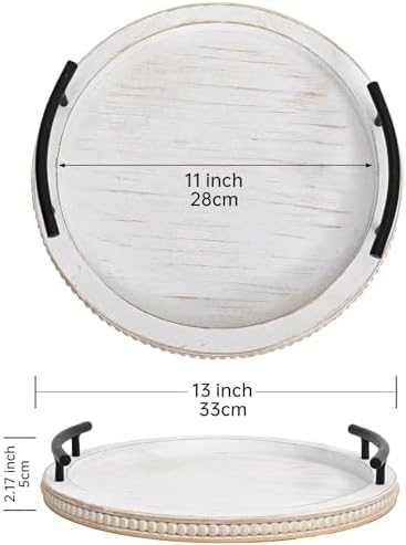 SwallowLiving White Wooden Beaded Serving Tray with Handle Decorative