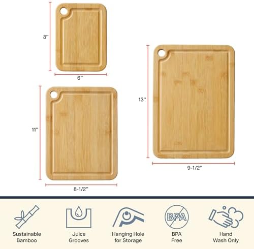 Totally Bamboo Cutting Boards for Kitchen with Juice Groove, Set of 3