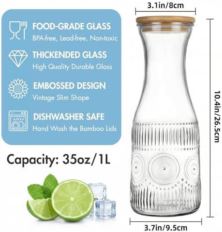 YOUEON 4 Pack Glass Carafe with Lid, 1 Liter Beverage Pitchers Carafes