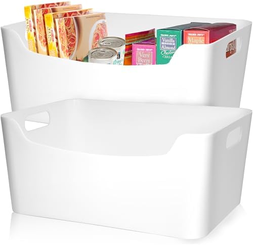 FINESSY White Plastic Storage Bins for Pantry with Handle 2 Pack White