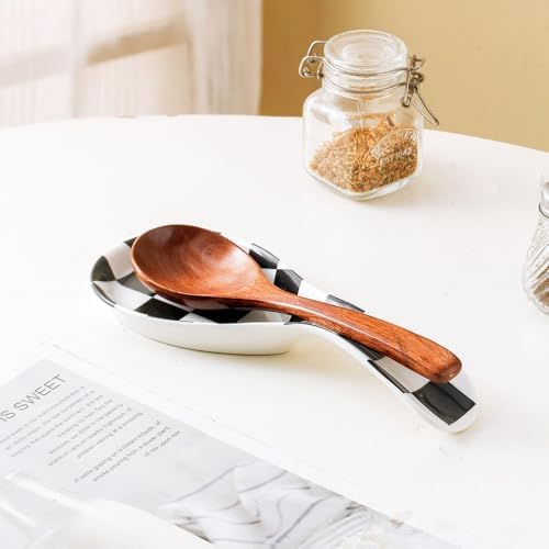 Ceramic Spoon Rest for Stove Top, Checkered Spoon Holder Utensil Rest