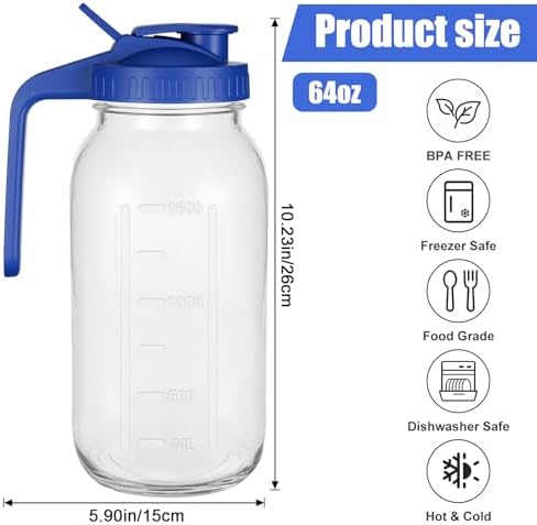 3 Pack Glass Mason Jar Pitcher with Pour Spout Lid, 64OZ Leak-proof