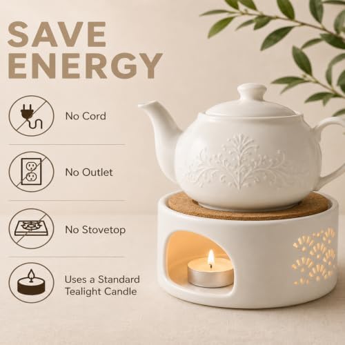 Ceramic Teapot Warmer with Cork Cushion, Tealight Heater for Tea &