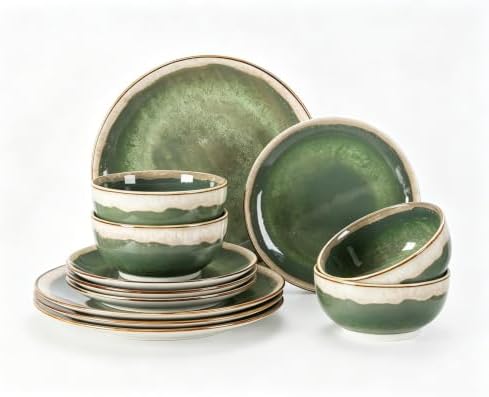 Sweejar 12 Pieces Ceramic Dinnerware Sets for 4, Moss Green