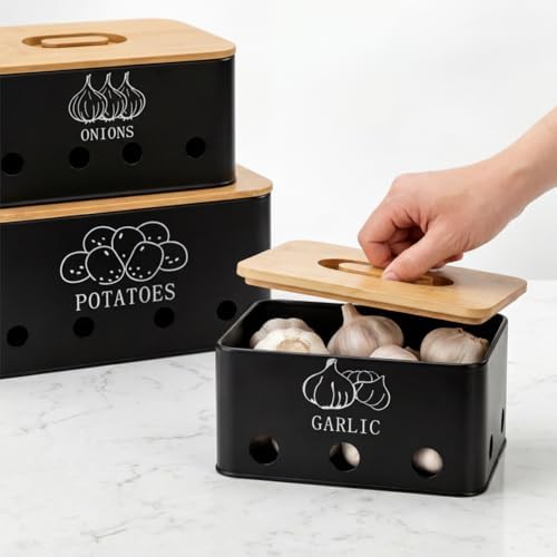 3 Pack Potato Onion Garlic Storage Set, Bamboo Lids