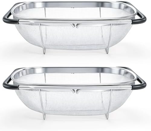 2 Pack Over-the-Sink Oval Colander, Stainless Steel, 6 Quart