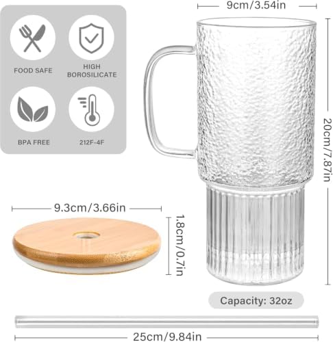 32 oz Glass Tumblers with Handle, Glass Cup with Bamboo Lid & Straw