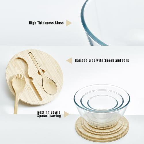 Glass Mixing Bowls with Bamboo Lids, 3 Packs Glass Bowls with Lids