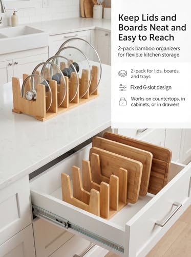 2 Pack Bamboo Pot Lid Organizer for Drawer & Cabinet, 6-Slot Lid Holder