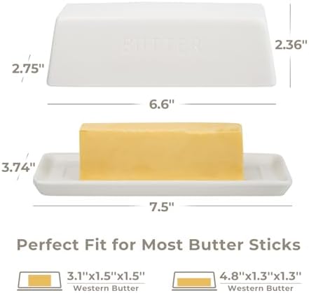 Ceramic Butter Dish with Lid, Butter Keeper Tray, White, 7.5x3.7x2.7