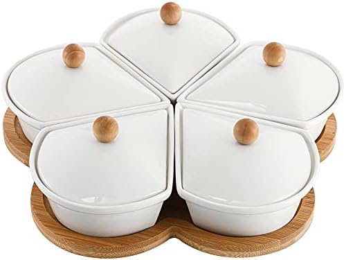 yarlung Ceramic Divided Serving Dishes with Lids and Bamboo Platter, 5 Removable Dipping Bowls Relish Tray Nuts Dishes for Appetizer, Chips, Fruits, Candy, Condiment