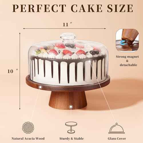 VIVIRBIEN 11in Acacia Wood Cake Stand with Glass Dome&Magnetic