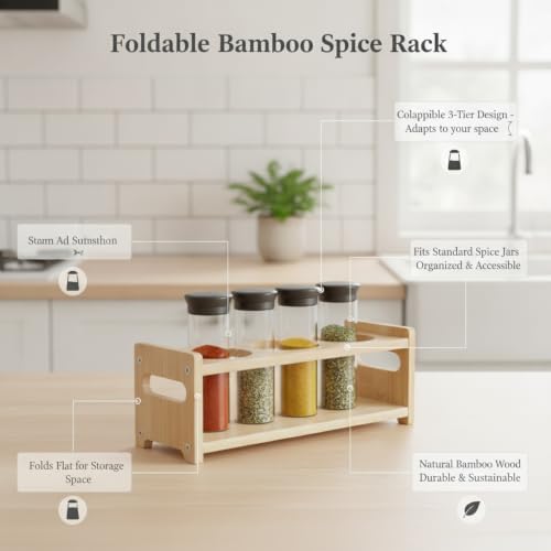 Spice Rack Organizer, Collapsible 3-Tier Bamboo Stand for Kitchen