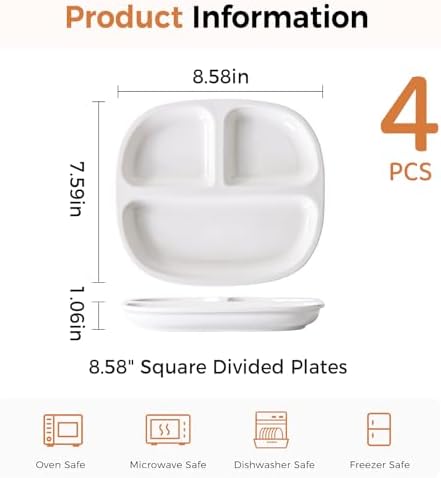 8.58" Square Ceramic Divided Plates Set of 4, Portion Control Plates