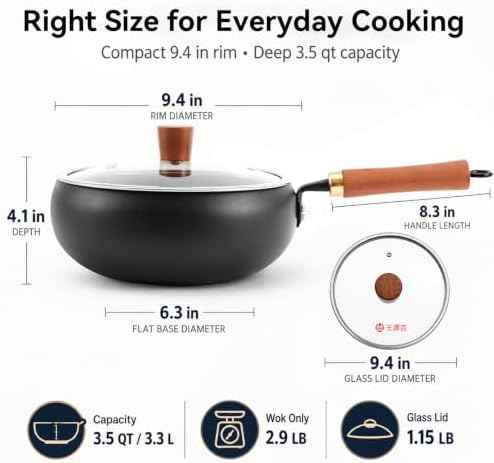 WANGYUANJI 9.5-Inch Carbon Steel Wok with Lid, Flat Bottom Stir Fry Pan