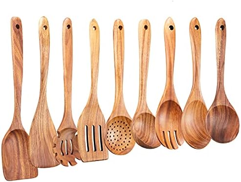 Wooden Kitchen Utensils Set,GUDAMAYE 9 PCE Natural Teak Wooden Spoons
