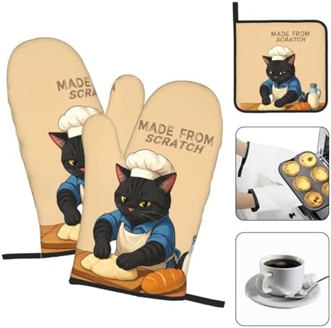 Funny Black Cat Oven Mitts and Pot Holders Set