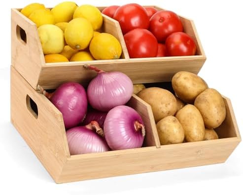Bamboo Pantry Organizers and Storage Bins, 2 Set Stackable Baskets for