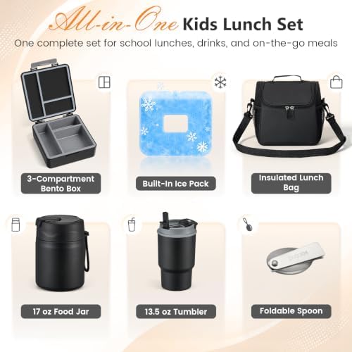 Pawtong Lunch Box Set with 17OZ Food Thermo, Black
