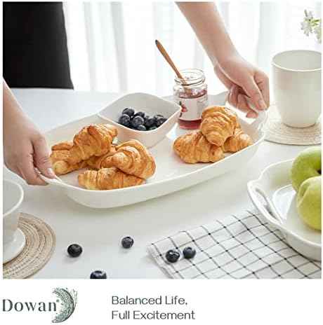 DOWAN Serving Tray with Handles, 15.4" Large Platters for Wedding Decor, Porcelain Serving Dish for Entertaining, White Plates for Salad Meat Fruit Dessert, Set of 2