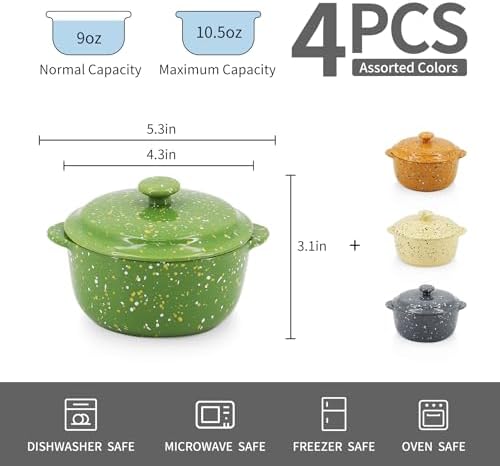 10 oz Ceramic Mini Cocotte Set of 4 for Oven (Assorted Colors)