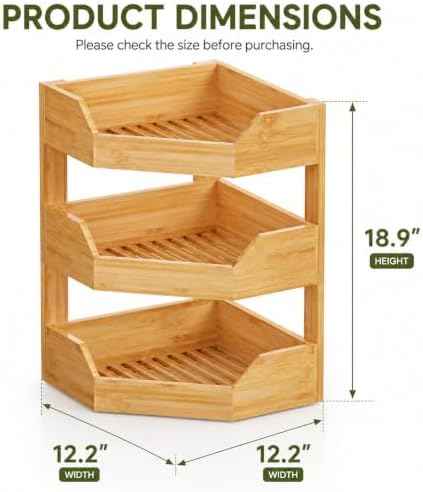 3 Tier Bamboo Corner Fruit Basket for Kitchen Counter, Large Fruit Holder