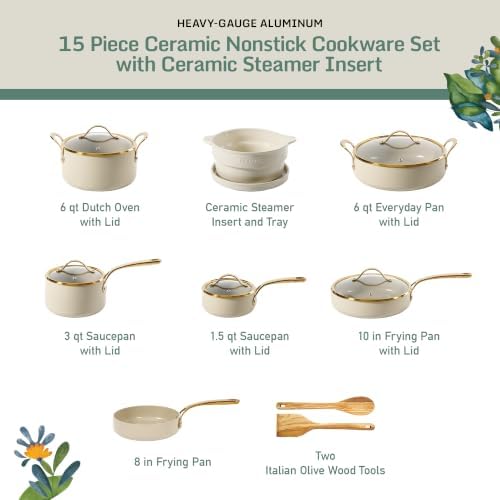 Bloomhouse 15-Piece Ceramic Nonstick Cookware Set, Two Time Oprah's Favorite Things, Heavy-Gauge Aluminum Pots and Pans Set, PFAS & PFOA & PTFE Free Ceramic Cookware, Oven Safe to 500°F, Almond Cream