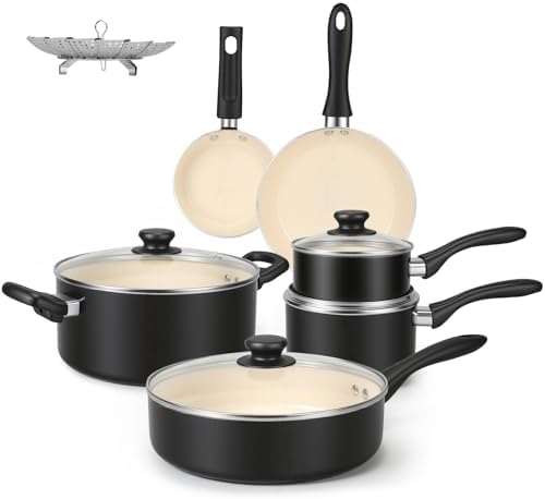 Amazon Basics 11-Piece Ceramic Non-Stick Pots and Pans Set, Dishwasher