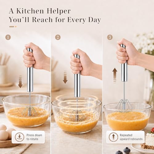 Stainless Steel Semi-automatic Egg Whisk, 2 Pack 7.9in & 11.8in Hand