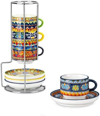 vancasso 2.5 Oz Bohemian Espresso Cups Set of 4 with Stand