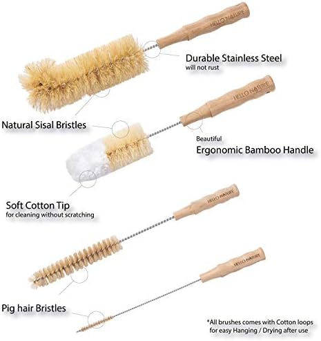 4 Pcs Bamboo Bottle Brush Set by HELLO NATURE – Long Handle Cleaning